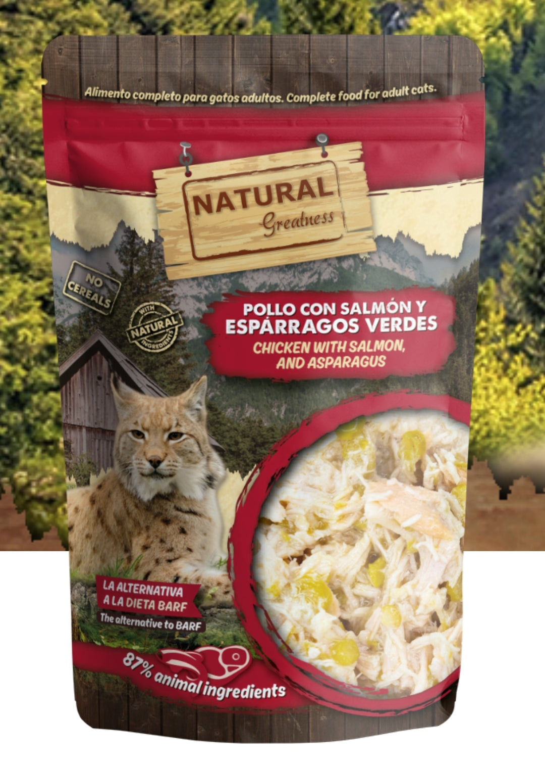 Natural greatness sobre Pollo salmón espárragos verdes 70gr